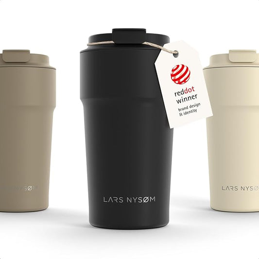 LARS NYSØM Thermo Coffee Mug to go 17oz | Travel Mug 0.5 Liter with Insulation | Silicone grip base | Leak Proof Stainless Steel Tumbler for Coffee and Tea on the Go (Powder Black, 17oz)