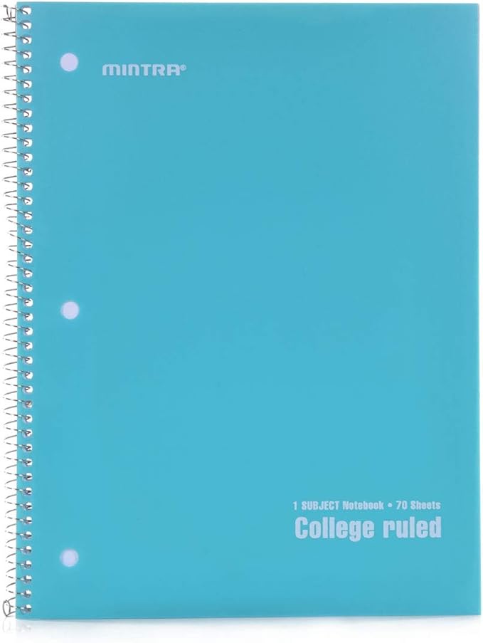 Mintra Office Spiral Notebooks Set - Primary Colors, College Ruled, Poly Waterproof Covers, Journals for School, Work, Business, Writing Pads, Teacher & Student Supplies, 70 Sheets Each, 6-Pack