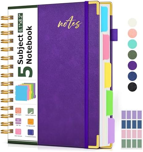 PAPEJOON Hardcover Spiral Notebook Journal with Removable Dividers Tabs, 300 Pages Organizer Notebooks for Work School, Leather 5 Subject Notebook College Ruled, Small Lined Journal for Women，Purple