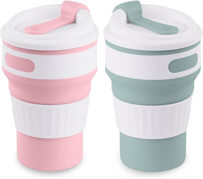 Collapsible Cups for Traveling, Food-Grade Silicone Foldable Cup, 12 oz Collapsible Cup with Lid, Suitable for Outdoor Activities and Travel (2PCS, Green & Pink)