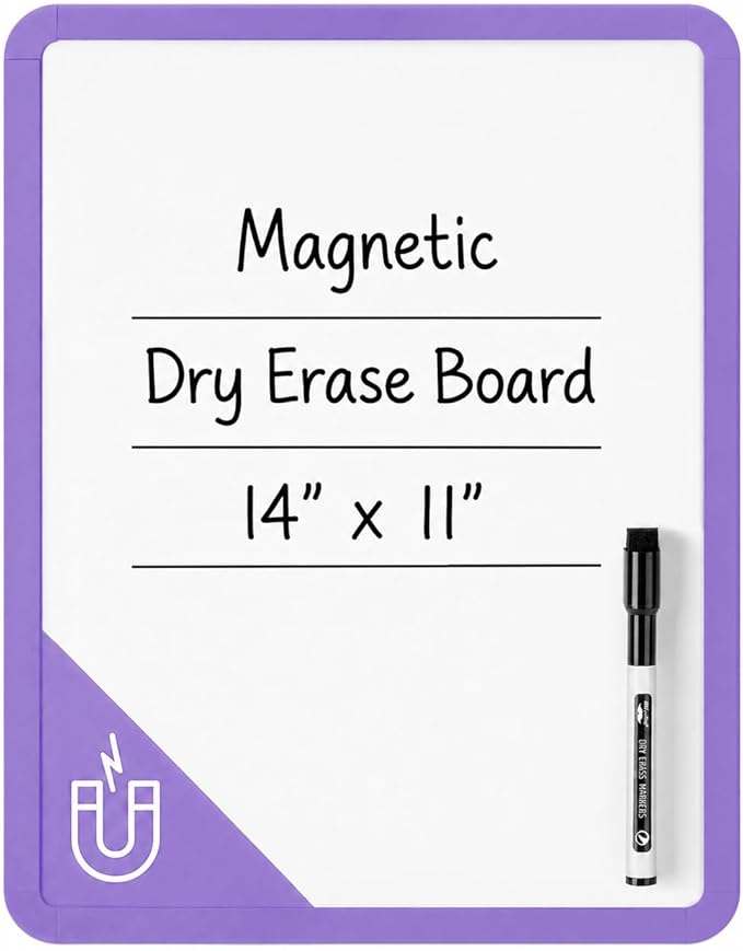 Mr. Pen- Dry Erase Board, 14” x 11” with a Black Dry Erase Marker, Purple Frame, Small Mini White Board for Students, Fridge, Wall, Locker, Includes Double Sided Tapes