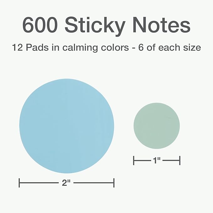 Redi-Tag Transparent Sticky Notes, 12 Pads Per Pack, Circle Sticky Notes, Small Sticky Tabs for Organizing, 6 Pads of 1 inch Notes & 6 Pads of 2 inch Notes, 12 Calming Colors (1016720)