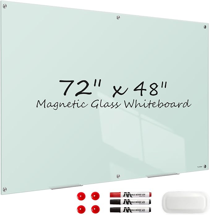 Magnetic Glass Whiteboard, 72 x 48 Inches Glass Dry Erase Board Large White Board for Wall, 6x4 Feet Frameless Whiteboard for Office School Home Classroom