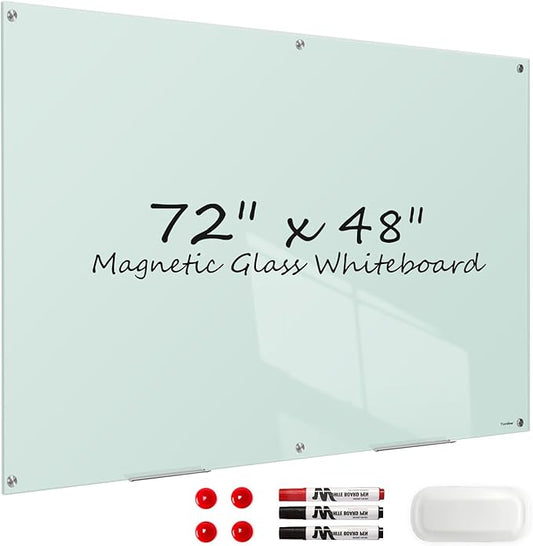 Magnetic Glass Whiteboard, 72 x 48 Inches Glass Dry Erase Board Large White Board for Wall, 6x4 Feet Frameless Whiteboard for Office School Home Classroom