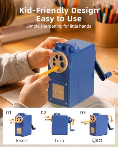 ZMOL Heavy Duty Manual Hand Crank Pencil Sharpener, Desktop, Blue