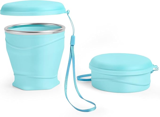 Silicone Collapsible Travel Cup with Dustproof Lid, 8.8 Oz/260ml BPA-Free, Portable Reusable Foldable Cup for Camping, Picnic, Travel, Office (Light Blue)