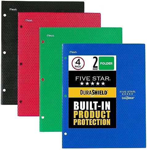 Five Star DuraShield Antimicrobial 2 Pocket Stay-Put Plastic Folders, 4 Pack, Holds 11" x 8-1/2", Color May Vary (330010)