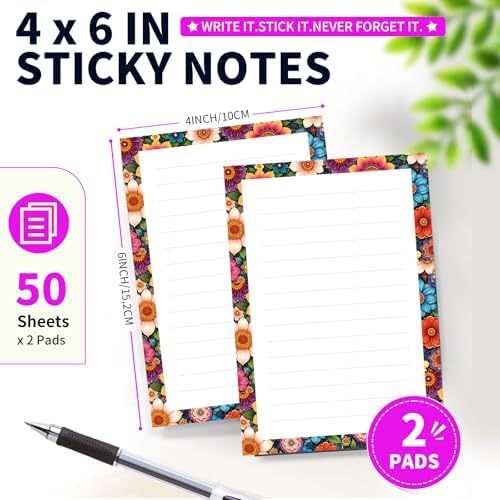 Lined Sticky Notes 4x6 in, 2 Pack Large Cute Notepads with Lines Self-Stick Note Pad, Funny Memo Pads Strong Adhesive for Office, Home Colorful Boho Flowers