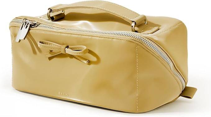 EACHY Travel Makeup Bag, Large Capacity Cosmetic Bag for Women, Waterproof PU Leather, Flat Open Portable Toiletry Bag for Skincare, Brushes & Travel Essentials