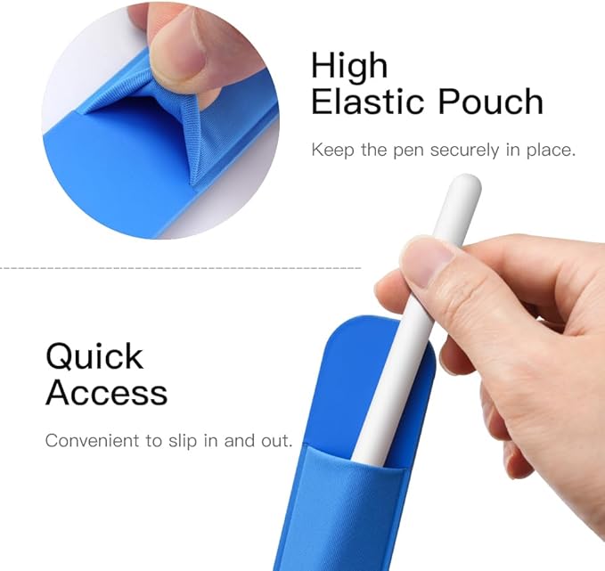 MoKo Pencil Holder Sticker Fit Apple Pencil Pro/ (USB-C)/ 1st/ 2nd Generation, Elastic Pencil Pocket Pouch Adhesive Sleeve Attached to iPad Case for Stylus Pens, 2 Pieces Cobalt Blue