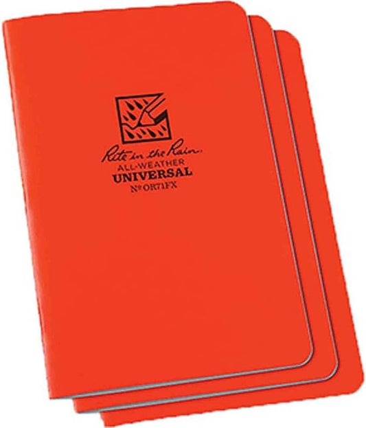 Rite In The Rain Weatherproof Stapled Notebook, 4.625" x 7", Orange Cover, Universal Pattern, 3 Pack (No. OR71FX)