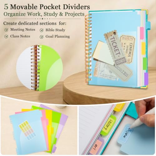 Hardcover Spiral Notebook 8''x 10'' College Ruled Notebook with Magnetic Closure, 300 Pages 5 Subject Notebooks with Pocket Dividers for Work School, B5 Leather Journal for Women, Men (Cyan)