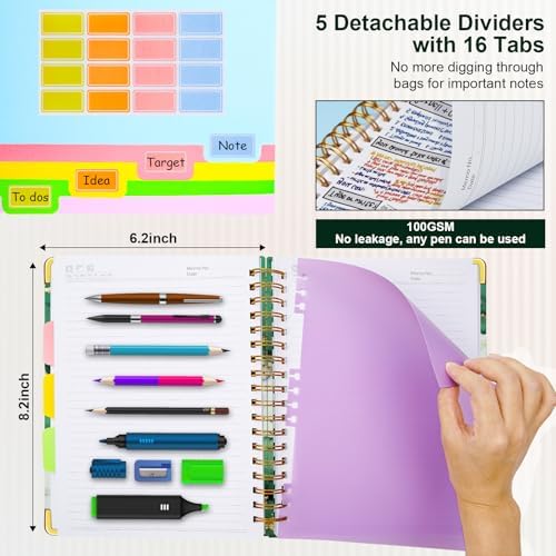 Spiral Journal Notebooks for Work, 300 Pages 5 Subject Notebook College Ruled with Dividers & Tabs, A5 Notebook Journal for Women Students Note-Taking and Organizer (Teal Luxe Marble)