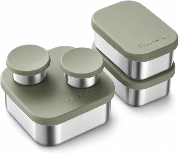 Modaniam Flexibento - Leak proof Stainless Steel Lunch Box,Lunch Containers with Lids,Steel Bento Box,Metal lunch Box,1 * 25 OZ+ 2 * 13 OZ + 2 * 2 OZ,Set Of 5,Sage Set of 5