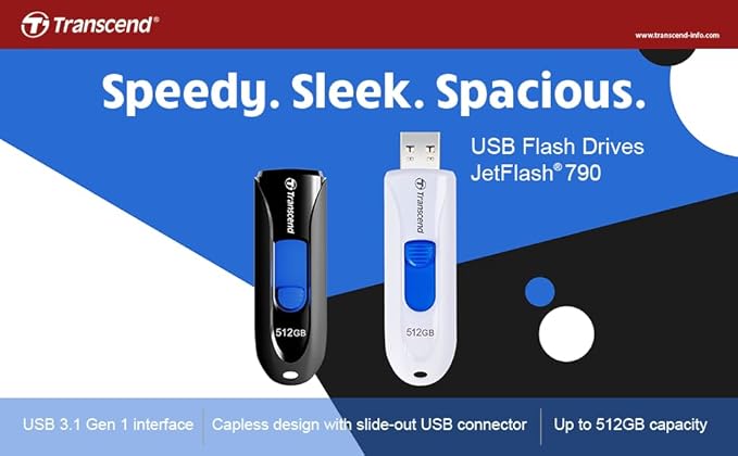 Transcend JF790K 16GB USB Flash Drive, for PC/Mac/Laptop/Windows/Computer, Desktop/TV/Car Audio, USB3.2 Memory Stick, Thumb Drives Data Storage with Retractable Connector, USB2.0/3.0/3.1 Compatible