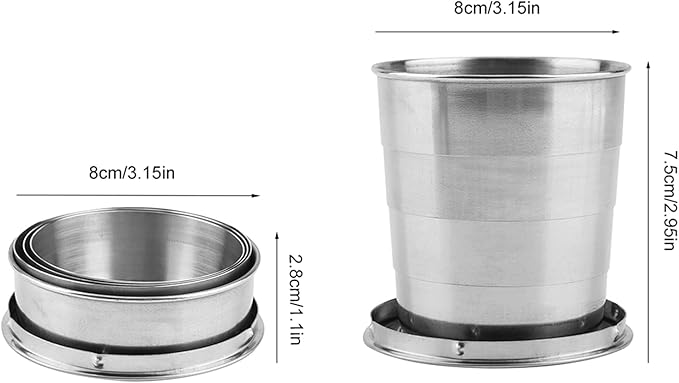 Tiiyee Stainless Steel Collapsible Cup, Folding Camping Cup Portable Shot Glass Foldable Drinking Cup Drinkware with Lid and Keychain for Outdoor Travel Picnic Fishing Hiking Cycling Water, 250ml