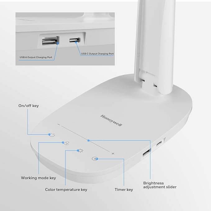 Honeywell HWT-H2 LED Desk Lamp, CRI94 Full Spectrum Eye-Caring Table Light, Foldable Dimmable 4 Color Modes with USB A+C Charging Ports for Home Office Bedroom Reading Study Work (White)