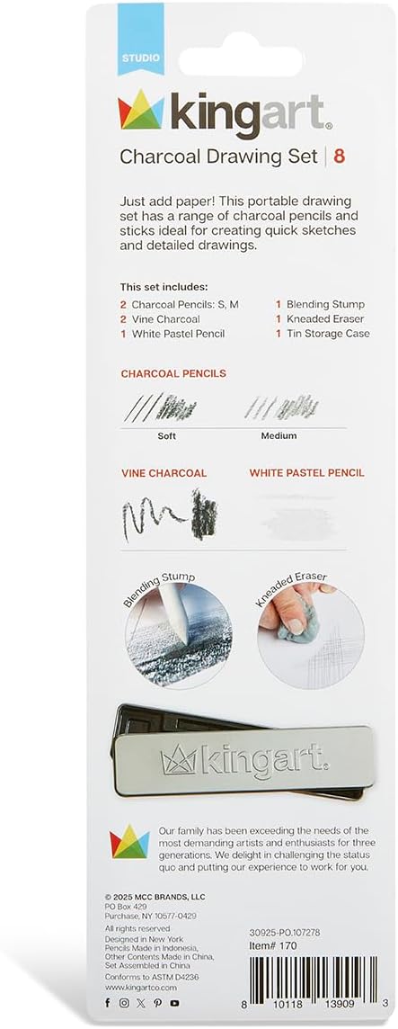 KINGART 8-Piece Charcoal Drawing and Sketching Set with Metal Tin – Includes Soft & Medium Charcoal Pencils, White Pastel Pencil, Blending Stump & Kneaded Eraser