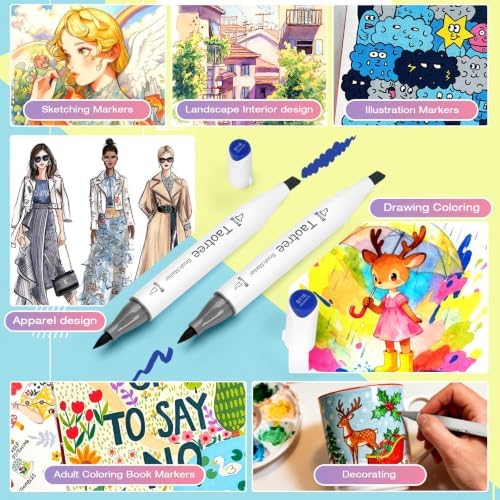 Taotree Alcohol Markers Brush Tip, 61 Colors Dual Tip Brush Markers Set