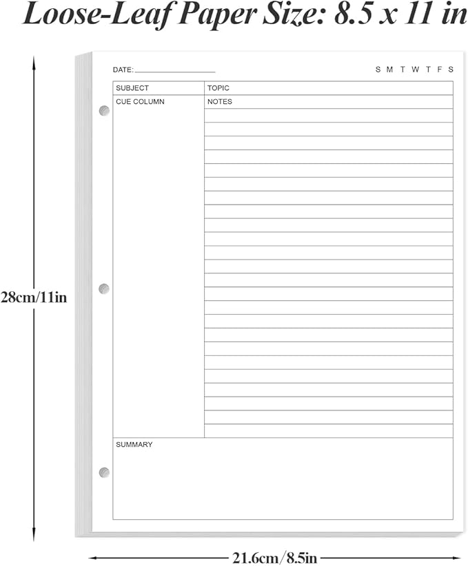 A4 Cornell Notes Filler Paper - 3 Hole Cornell Notes Loose Leaf Paper, 50Sheets / 100Pages, 100gsm, White, 8.5'' x 11''