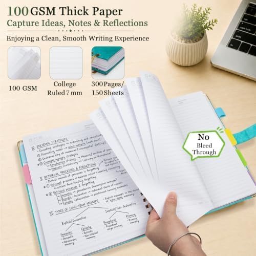 Hardcover Spiral Notebook 8.5''x 11'' College Ruled Notebook with Magnetic Closure, 300 Pages 5 Subject Notebooks with Pocket Dividers for Work School, A4 Leather Journal for Women, Men (Cyan)