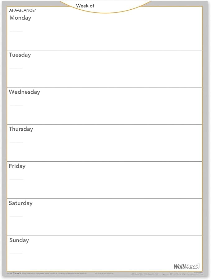 AT-A-GLANCE WallMates Dry-Erase Weekly Planning Surface, 24" x 18", Large, Undated, Self-Adhesive (AW503028)