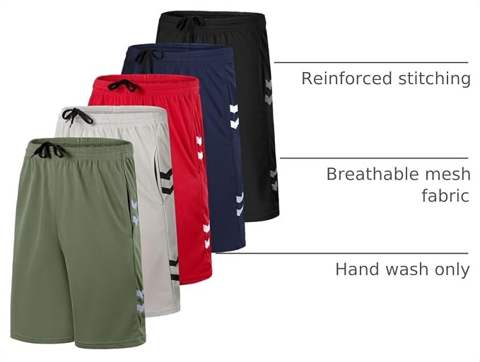 Real Essentials 5 Pack: Boys' Mesh Basketball Athletic Shorts with Pockets – Teen Kids Youth Quick Dry Soccer Running Gym