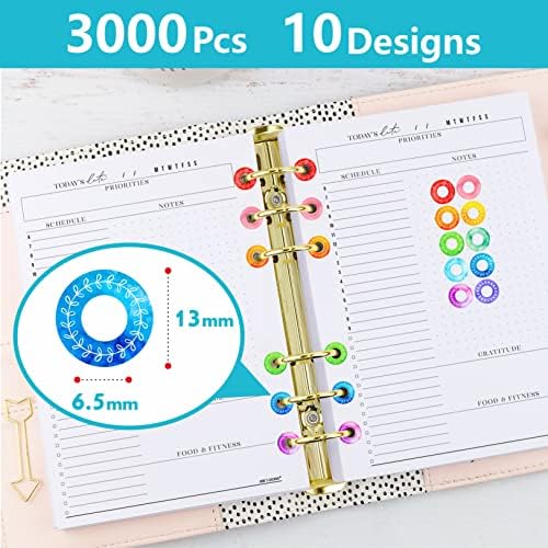 3000 Pack Hole Reinforcement Stickers, 10 Watercolor Designs Paper Hole Protectors Self-Adhesive Hole Punch Reinforcement Circle Labels for Loose-Leaf Paper Sheets (Outer 0.5”, Inner 0.25”)