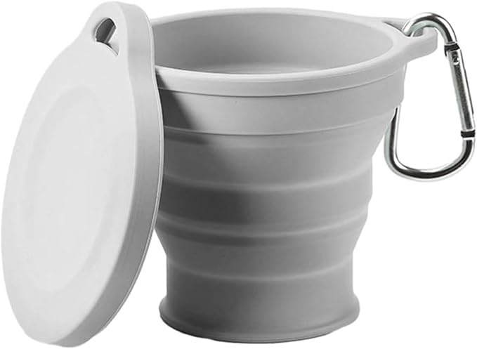 Silicone Travel Mug Folding Camping Cup with Lid Carabiner Expandable Drinking Cups Outdoor Hiking Camping Silicone Cups, Gray