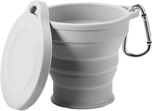 Silicone Travel Mug Folding Camping Cup with Lid Carabiner Expandable Drinking Cups Outdoor Hiking Camping Silicone Cups, Gray