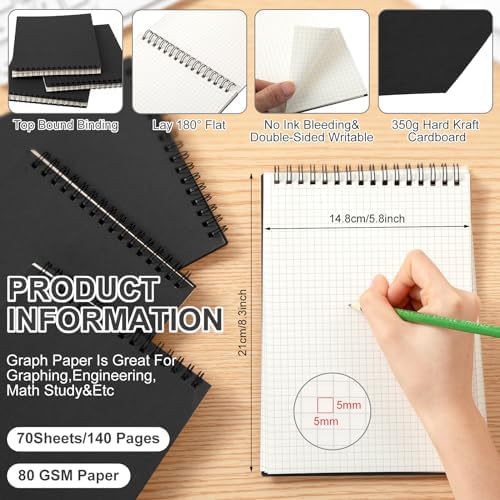 Engrowtic 100 Pack Graph Paper Spiral Notebook A5,Black