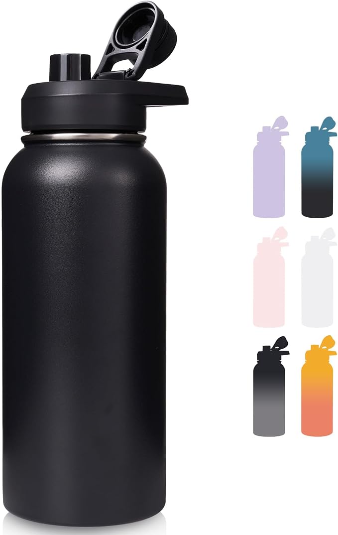 Fijinhom Insulated Water Bottle with Handle, 304 Stainless Steel Water Bottles with Wide Mouth, Double Wall Vacuum Sports Water Bottle, BPA Free, Keep Cold and Hot, 32 Ounces Black