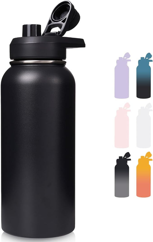 Fijinhom Insulated Water Bottle with Handle, 304 Stainless Steel Water Bottles with Wide Mouth, Double Wall Vacuum Sports Water Bottle, BPA Free, Keep Cold and Hot, 32 Ounces Black