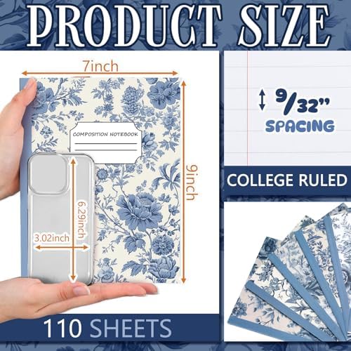 Harloon 6 Pack Composition Notebooks College Ruled Bulk Vintage Blue Flower Composition Notebook 110 Page 7-1/2" x 9-3/4" Journal Back to School Gift for Teacher Student Office First Day of School