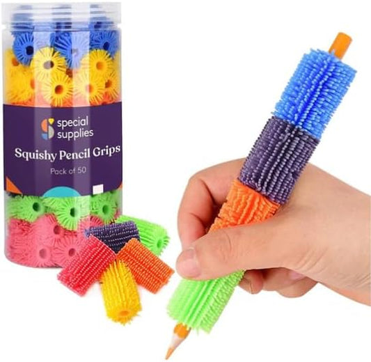 Special Supplies 50 Squishy Pencil Grips for Kids and Adults - Colorful, Cushioned Holders for Handwriting, Drawing, Coloring - Ergonomic Right or Left-Handed Use - Reusable (50-Pack)
