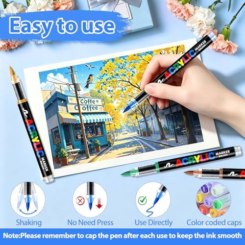 Acrylic Paint Markers Brush Tip 36 Colors, Soft Brush Tip Acrylic Paint Pens with Automatic Ink Control, Water-Based No-Bleed Paint Markers for Rock Painting Fabric Wood Ceramic Metal DIY Crafts