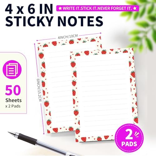 Lined Sticky Notes 4x6 in, 2 Pack Large Cute Notepads with Lines Self-Stick Note Pad, Funny Memo Pads Strong Adhesive for Office, Home Cute Red Strawberry