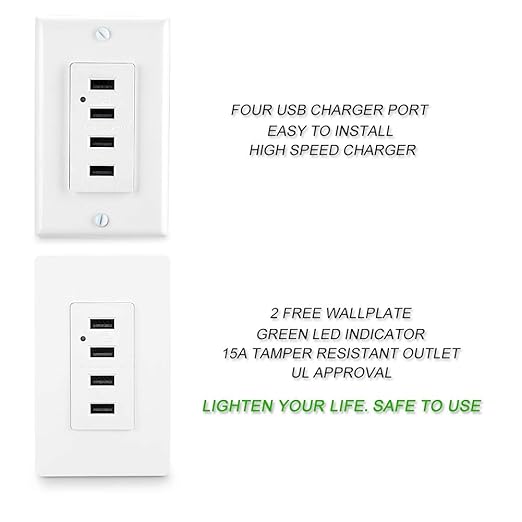 LEOD 4.2A Output High Speed 4 USB Port Charger Wall Outlet with 2 Types Wall Plates(Standard and screwless Included), USB Charger Receptacle, White,UL Listed[10 Pack]