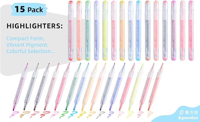 15-Pack Dual Tip Bible Highlighters, No Bleed Mild Pastel Markers