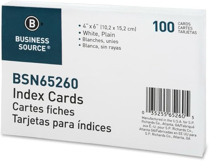 Business Source, BSN65260, Plain Index Cards, 100 / Pack
