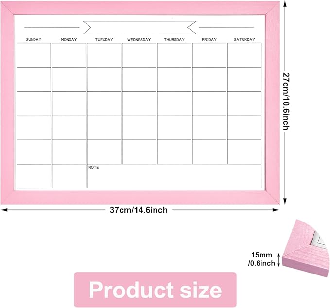 TORASO Dry Erase Monthly Calendar Board, Magnetic Whiteboard for Wall, Office/School/Home, Solid Wood Pink Frame Hanging Board 10.5"x 14.5"(YL-Pink-2737-B)
