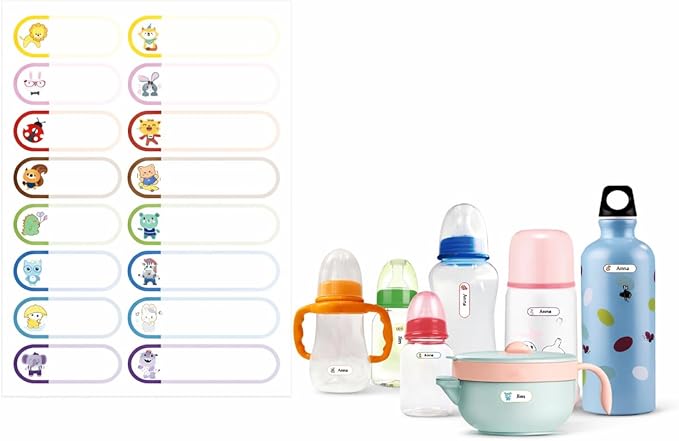 128PCS Cartoon Name Labels for Kids, Waterproof Self-Adhesive Personalized Stickers for Bottles, Lunch Boxes, Cups, School & Daycare Supplies