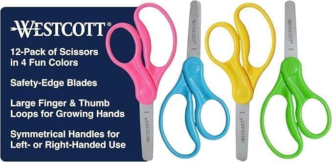 Westcott School Left and Right Handed Kids Scissors, 5" Blunt, Pack of 12, Assorted