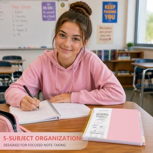 5 Subject Spiral Notebook, College Ruled, 150 Sheets, Pink Plastic Cover, 5 Movable Pastel Tab Dividers with Pockets, 3-Hole Punched, 75gsm Paper, Writable Stickers, Fits 8.5 x 11 in Paper