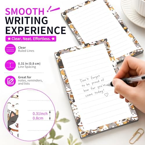 Lined Sticky Notes 4x6 in, 2 Pack Large Cute Notepads with Lines Self-Stick Note Pad, Funny Memo Pads Strong Adhesive for Office, Home Cute Cat Coffee
