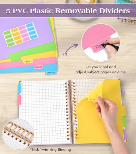 5 Subject Graph Paper Notebook with Removable Dividers Tabs, 300 Pages Hardcover Leather Grid Spiral Journal, 8"x10" B5 Large Graphing Notebooks for Women Men Work School College Engineering, Purple