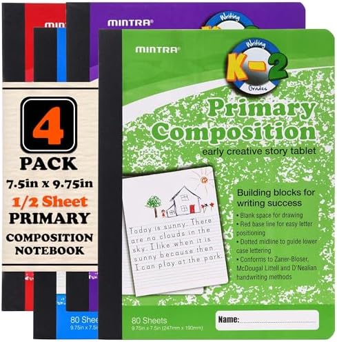 Mintra Primary Composition Notebook, 4 Pack, Assorted Colors 80 Sheets, 7.5in x 9.75in, 1/2 Sheet, Ruled with Drawing Area, Flexible Hardcover Journal, Grades K-2, School & Home Use