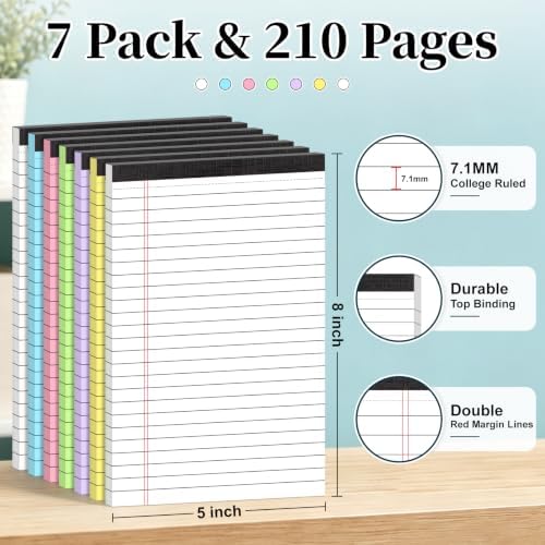 7 PCS Note Pads 5x8 Small Legal Pads 210 Sheets, Perforated Small Notebook Notepad 5 x 8 ,College Ruled Lined Paper Pads 80GSM, Mini Hard Backing Writing Pads Memo for Work School &Office Supplies-Multicolor