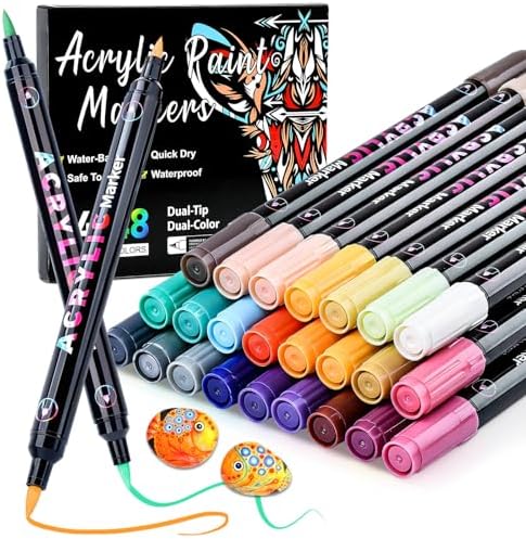 48 Colors Acrylic Paint Markers Set, 24 Pack Dual Brush Tip Acrylic Paint Pens for Stone, Wood, Calligraphy, Canvas, Ceramic, Glass, Rock Painting, Christmas Gifts for Teens, Art Painting Supplies Kit