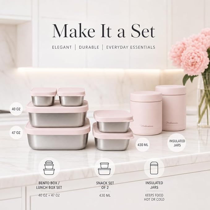 Modaniam Flexibento - Leak proof 47 OZ Stainless Steel Lunch Box Containers with Silicone Lids, Bento Box,Metal lunch Box, Pink-47 OZ-Set Of 2